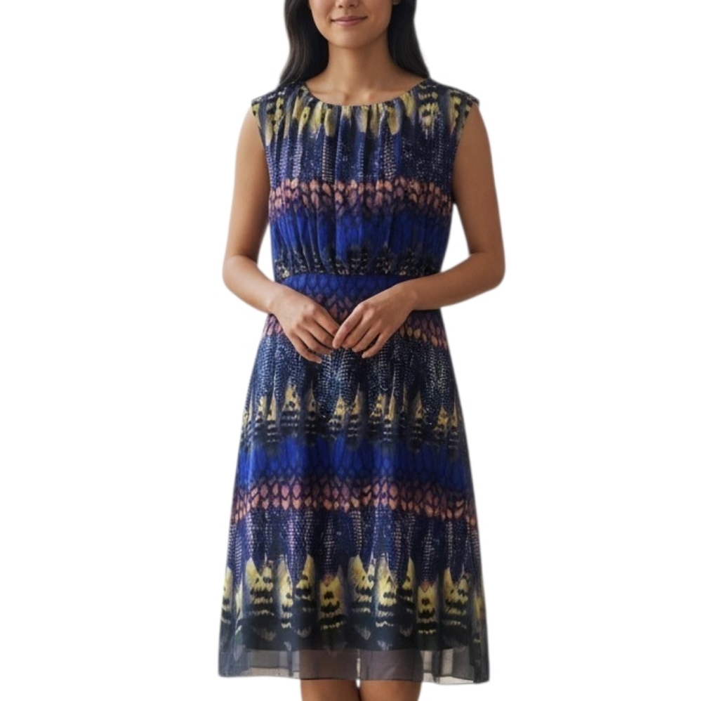 Chetta B Abstract Print Sleeveless Chiffon Sheath Dress Size 10 Pleated Neck